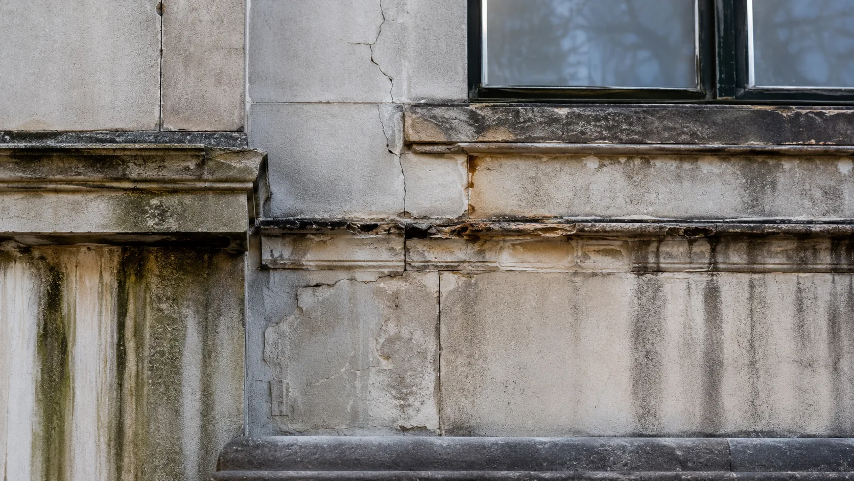 Exterior facade water staining and deterioration