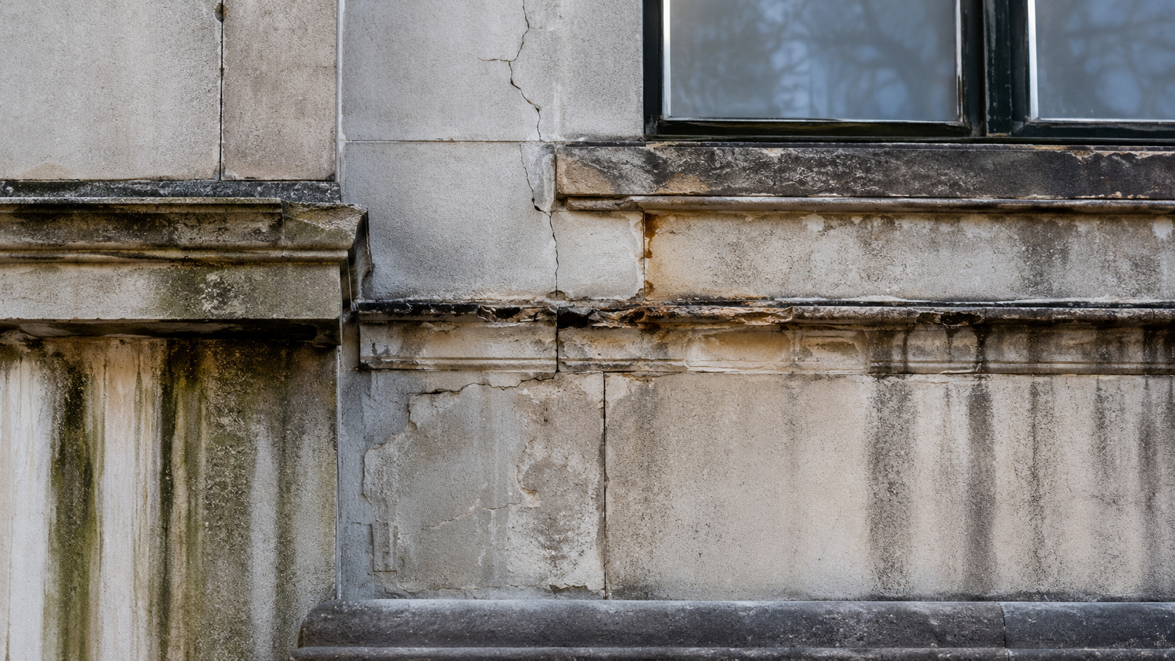 Exterior facade water staining and deterioration