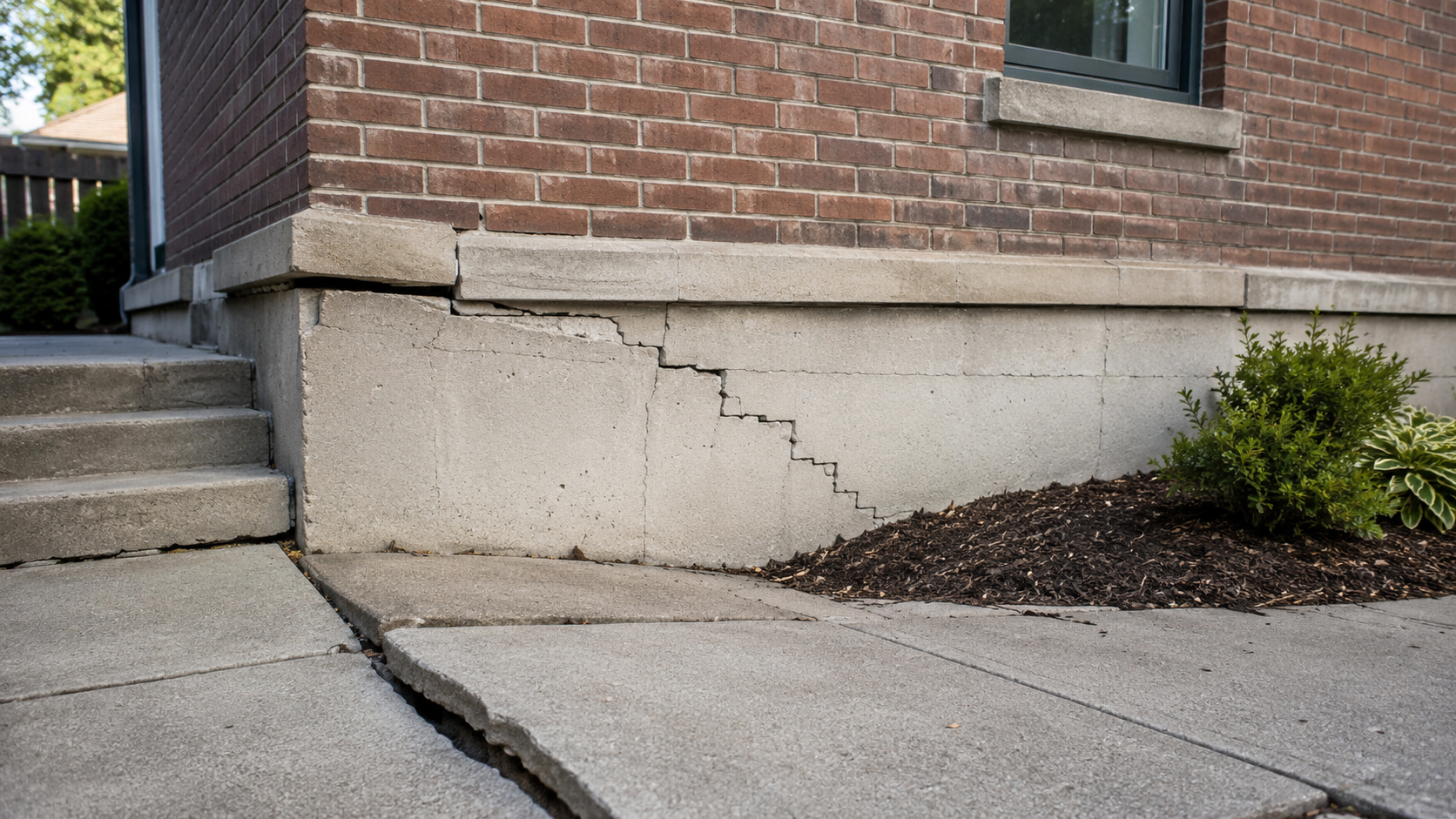 Foundation and sidewalk cracking near a building